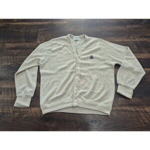Vintage Izod  Cardigan Men L Cream Sweater 80s Old Money Tennis Preppy